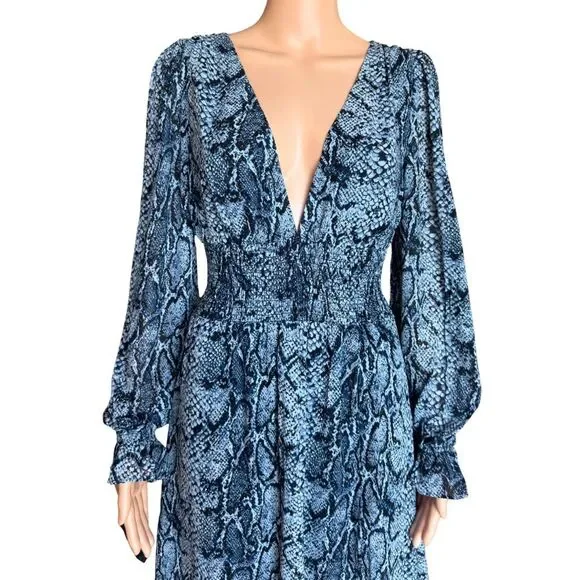 Reformation Aries Midi Dress Blue Snakeskin Smocked Plunge Long Sleeve Small - Picture 4 of 8